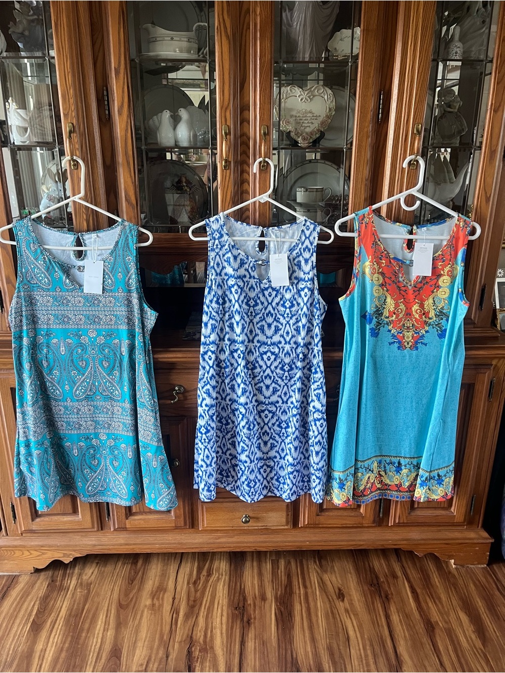 3 Womens Dresses- Turquoise Paisley Sleeveless Swing Dresses with pockets